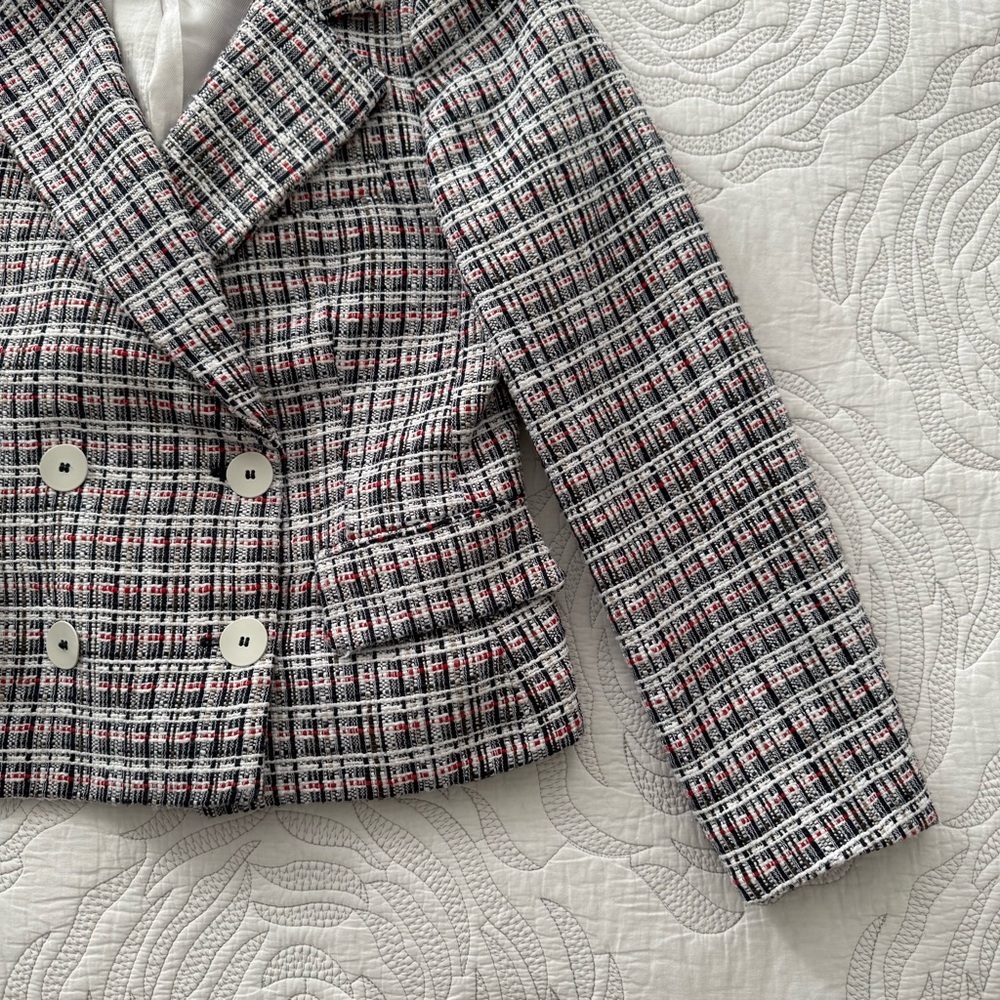 Zara - Textured Double Breasted Tweed Blazer - Blue/White/Red - Picture 10 of 16